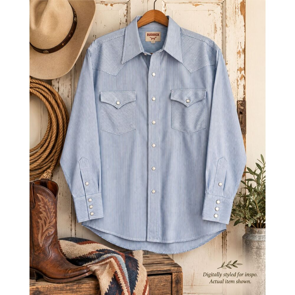 Vintage Ruddock Western Shirt Mens 16 1/2 33 Blue Stripe Pearl Snap Cowboy